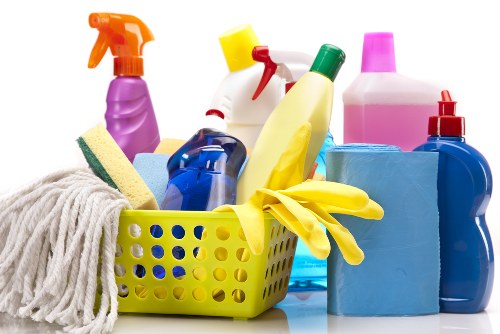Living room rug cleaning with vacuum and care tools