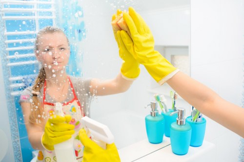 Professional Airbnb cleaning supplies in a rental kitchen