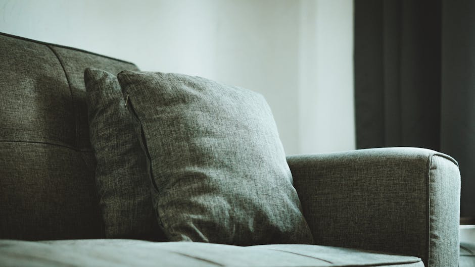 A professional cleaner dressed in white protective coveralls, a face mask, and blue gloves is performing surface cleaning on a dark upholstered sofa in a living room. The room is well-lit with natural